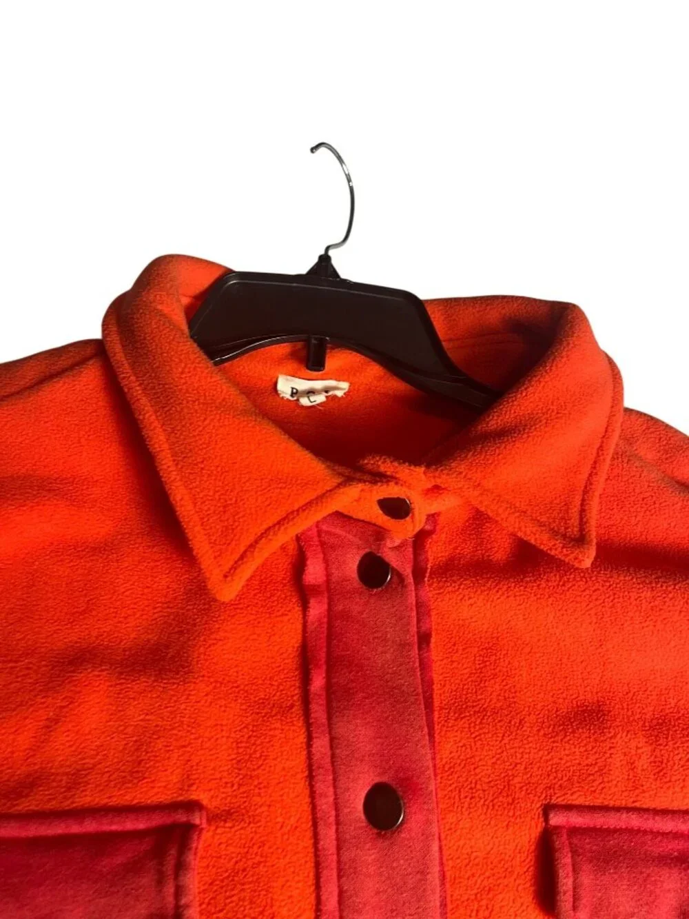 POL Orange Red Fleece Oversized L Shacket Star Patches Snap Buttons & Pockets